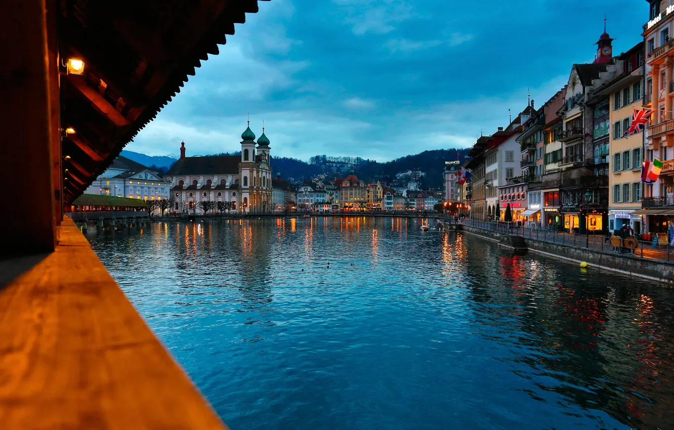 Photo wallpaper the sky, lights, lake, home, the evening, Switzerland, promenade, Lucerne