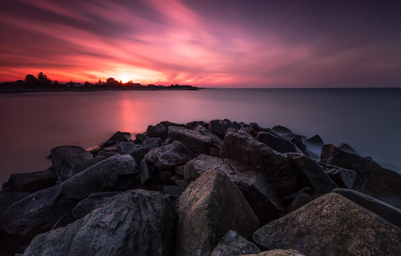 Photo wallpaper sea, the sky, clouds, sunset, stones, shore