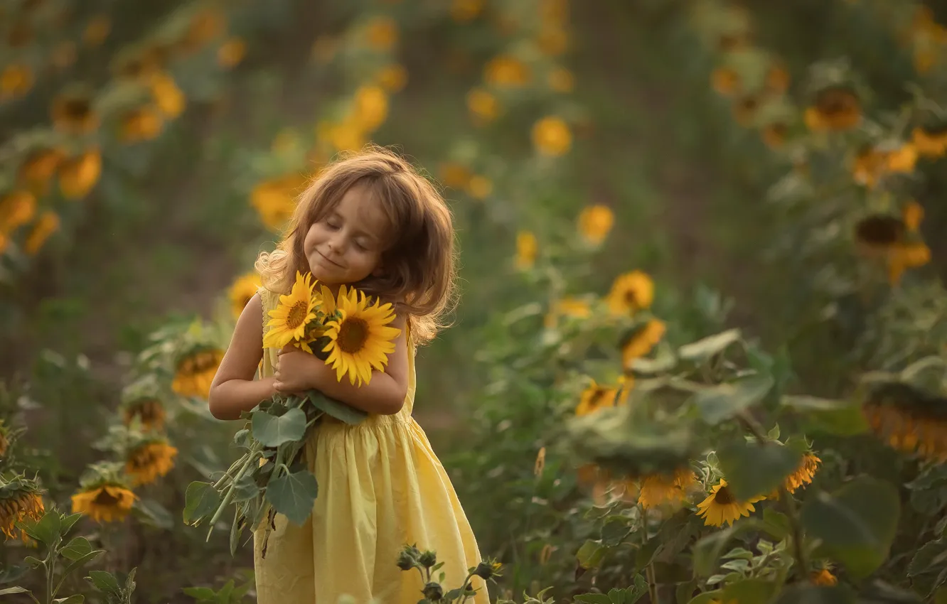 Photo wallpaper field, summer, sunflowers, nature, children, bouquet, dress, girl