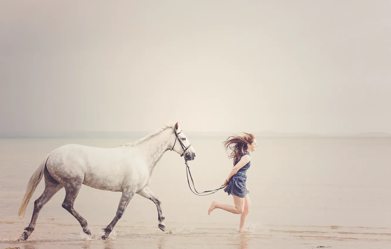 Photo wallpaper sea, girl, horse