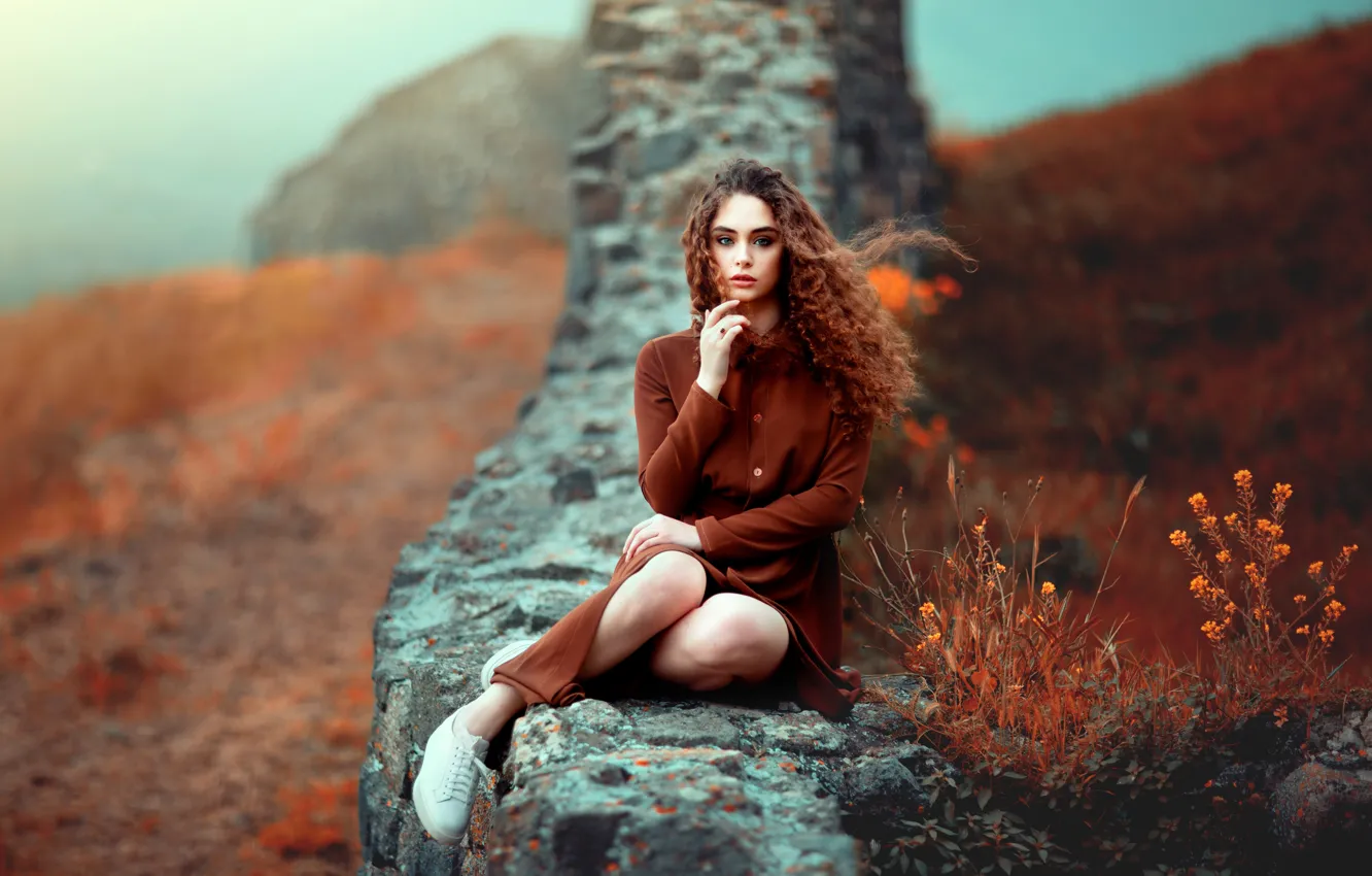 Photo wallpaper field, look, girl, flowers, nature, pose, feet, hands