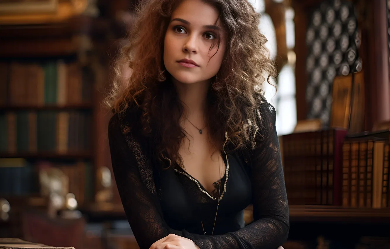 Photo wallpaper girl, book, library, AI art, The Art of Artificial Intelligence, neural network