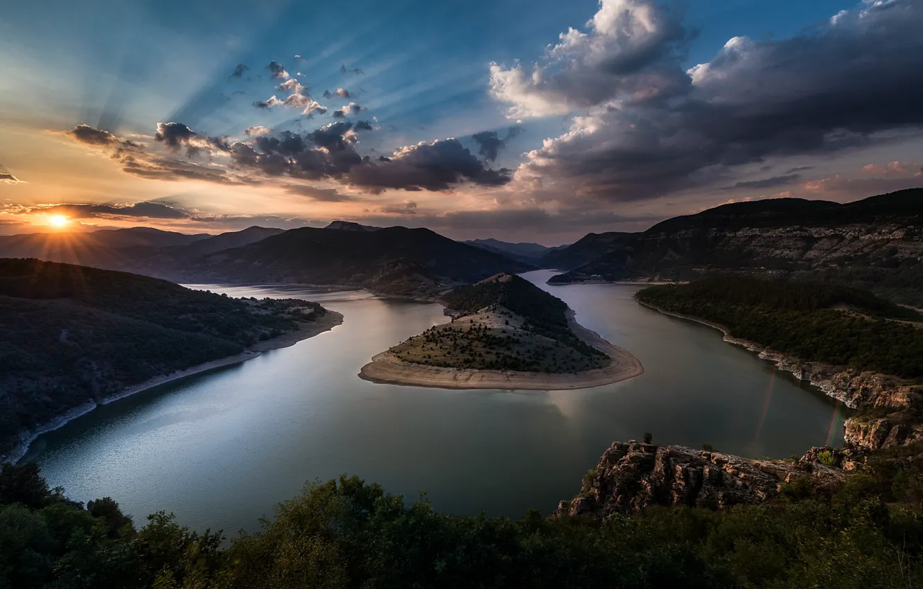Photo wallpaper sunset, the evening, Bulgaria, horseshoe, reservoir, Kirdzhali Dam