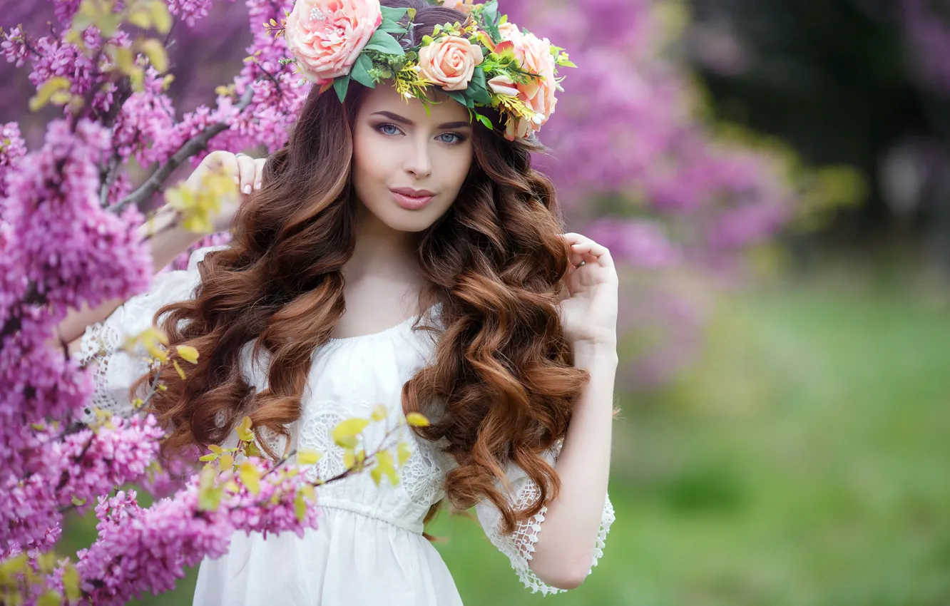Photo wallpaper flowers, branches, background, portrait, spring, makeup, garden, dress