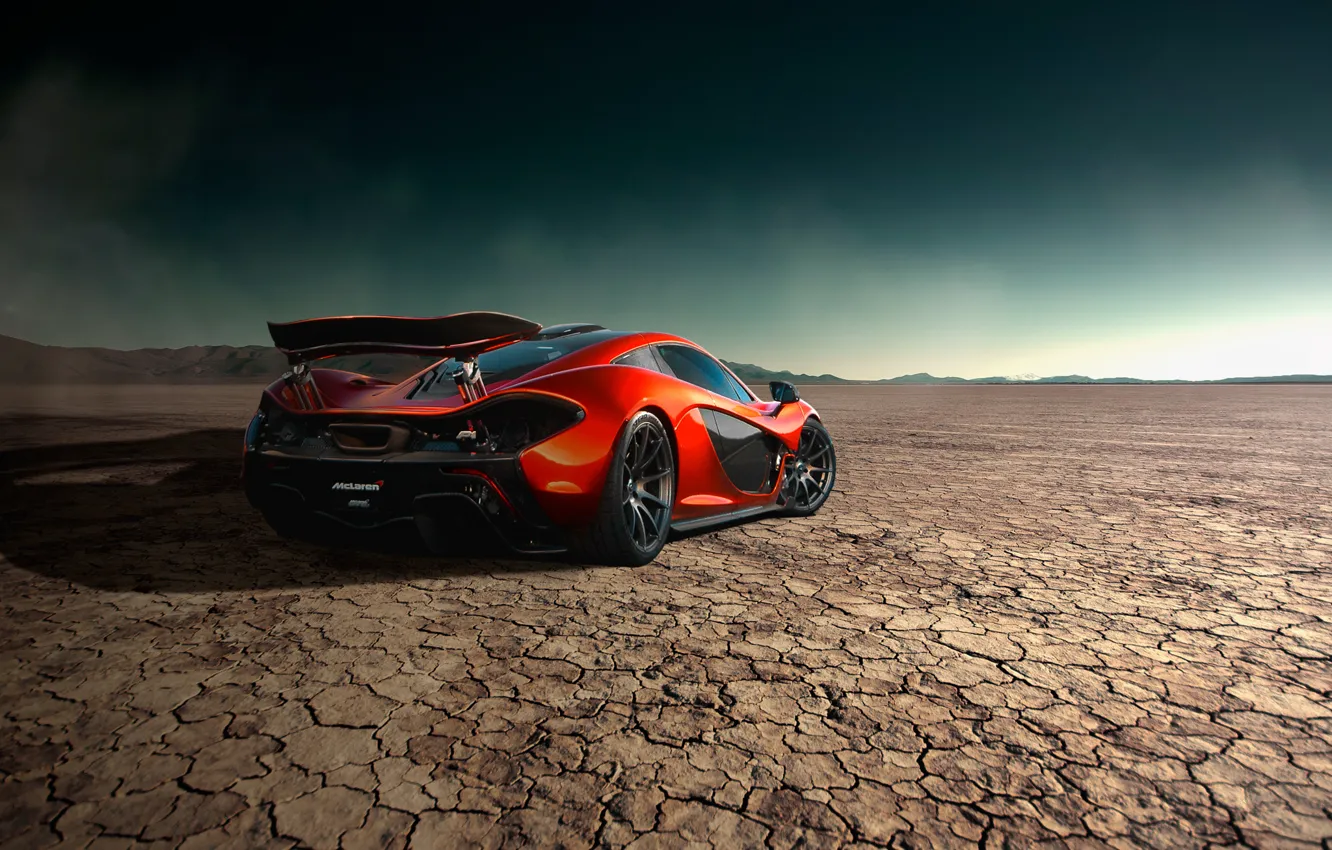 Photo wallpaper McLaren, Orange, Storm, Road, Supercar, Desert, Rear