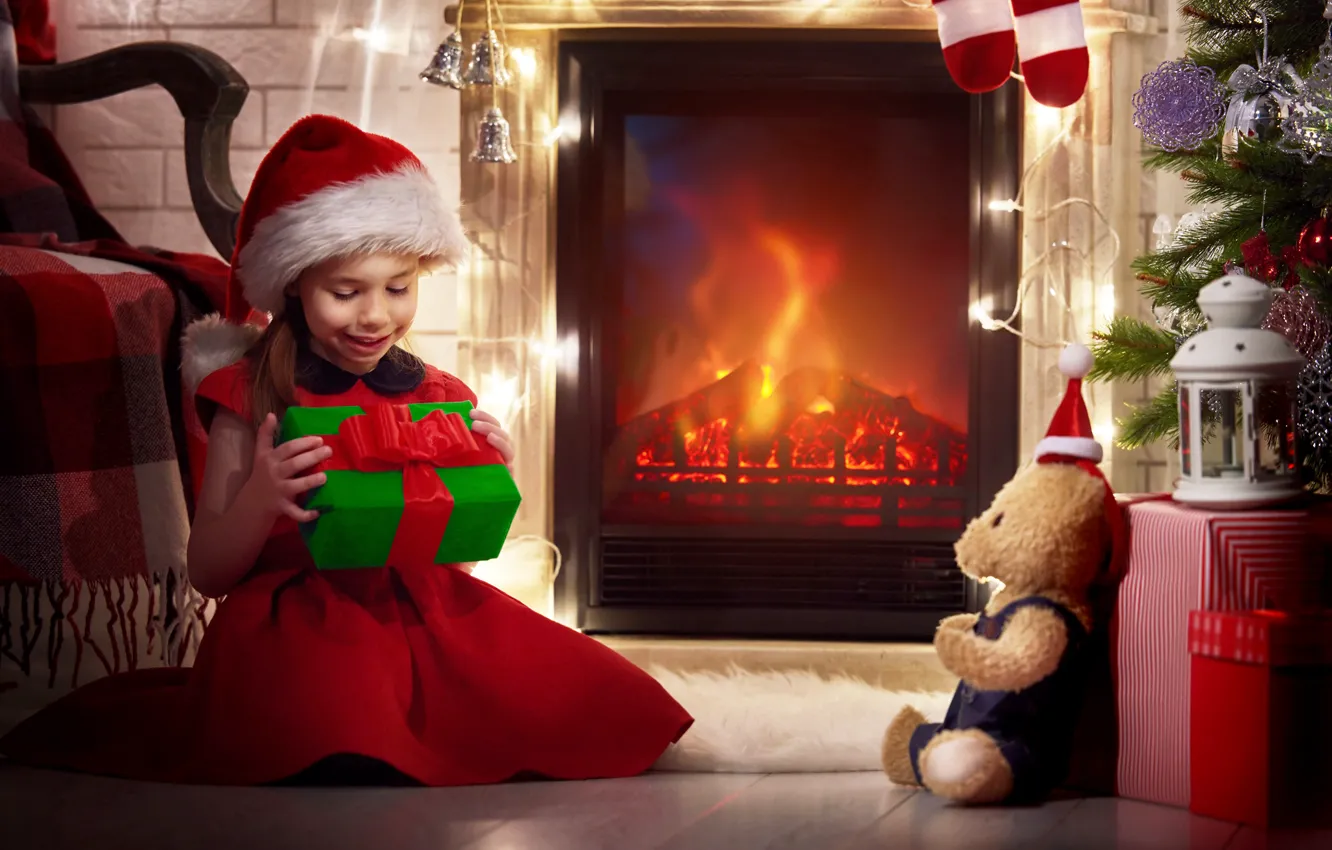 Photo wallpaper gift, Christmas, girl, New year, fireplace, Christmas, toy, New Year