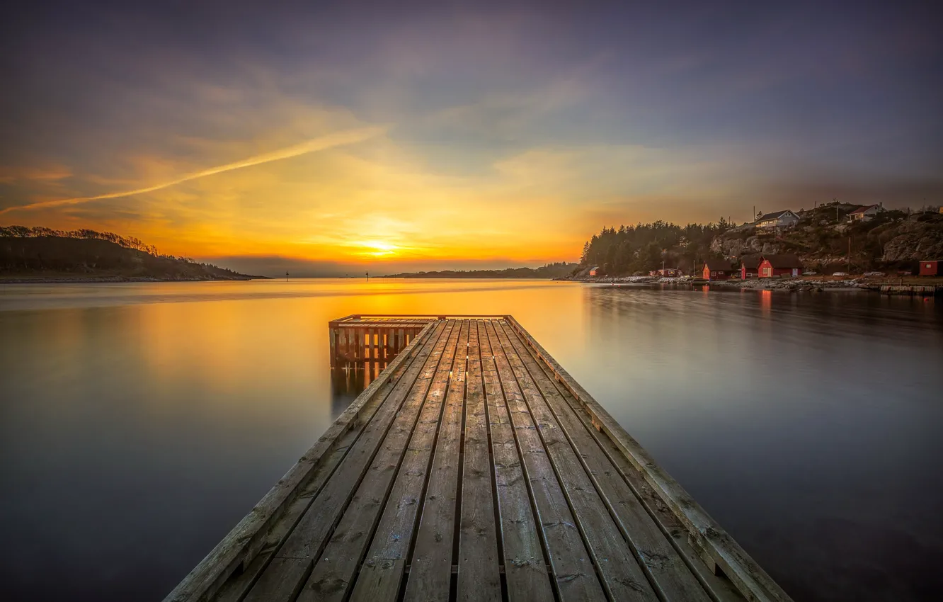 Photo wallpaper the sky, trees, sunset, river, stones, shore, pier, Norway