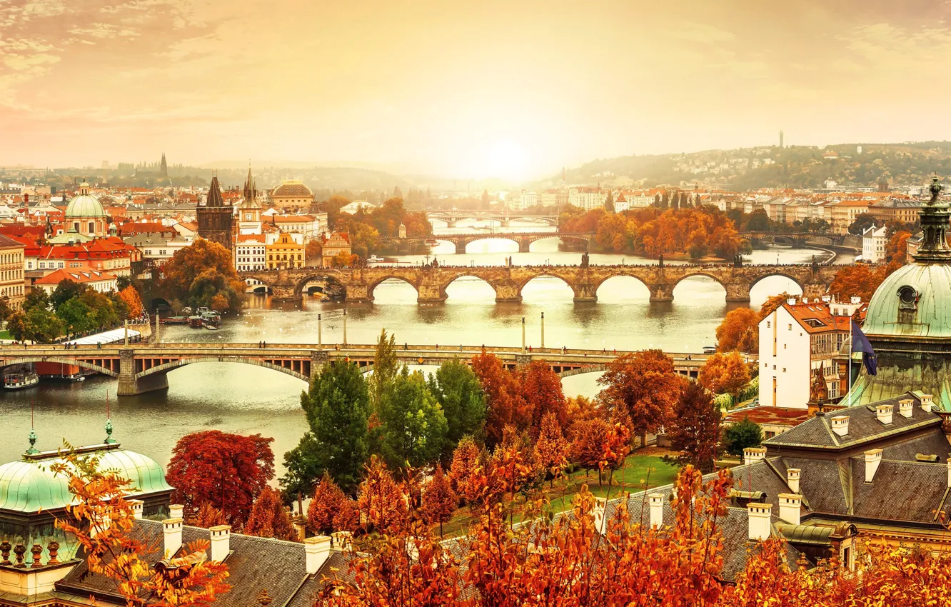Photo wallpaper autumn, bridge, river, Prague, Czech Republic, panorama, Vltava