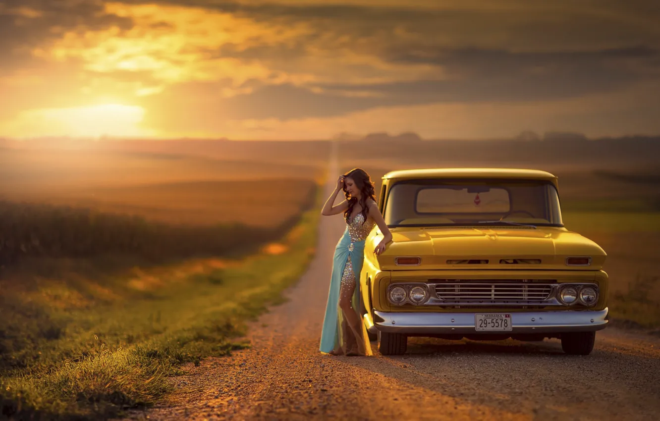 Photo wallpaper road, machine, auto, girl, Chevrolet, space