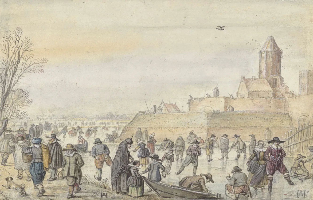 Photo wallpaper figure, Hendrick Avercamp, Hendrick Avercamp, 1595, The ice entertainment on the channel against the Gate …