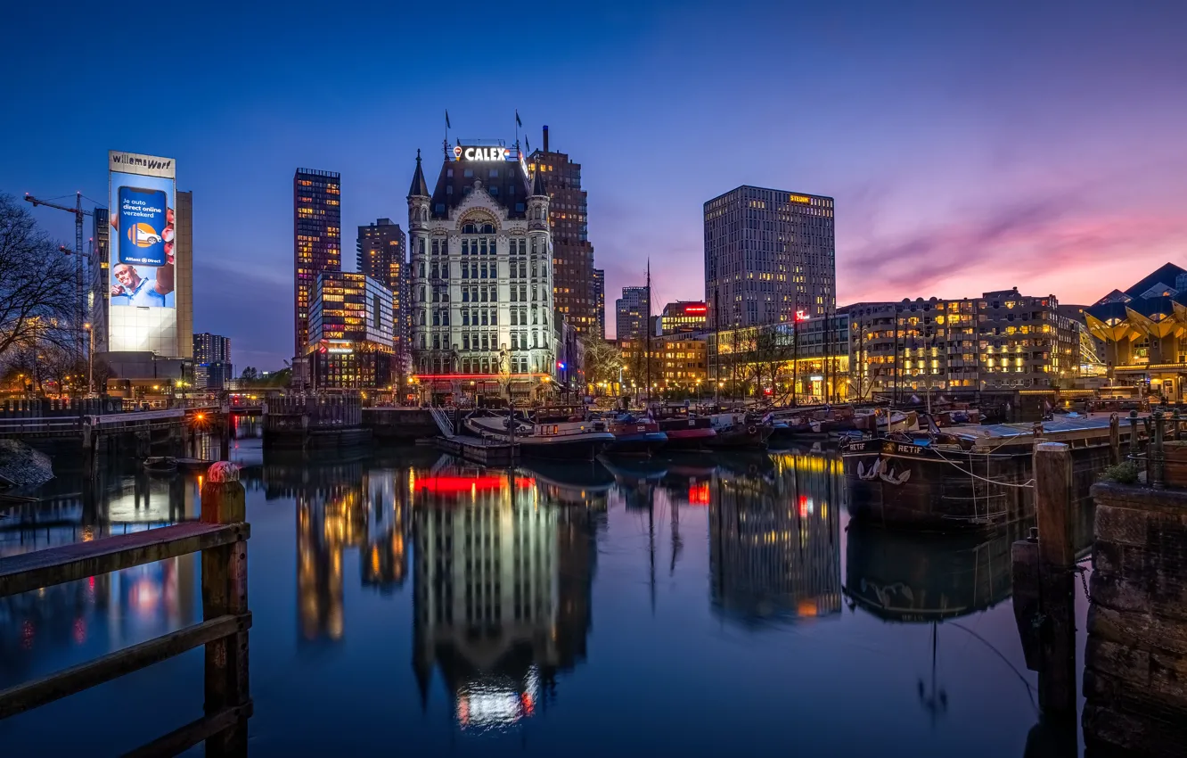Photo wallpaper reflection, river, building, home, port, Netherlands, night city, Netherlands