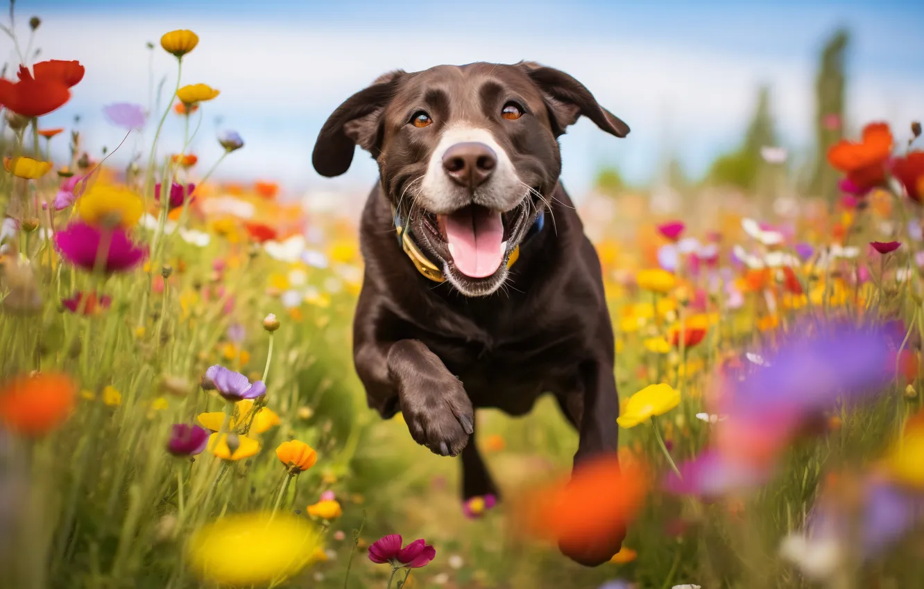 Photo wallpaper flowers, dog, running, Labrador, digital art, AI art, The Art of Artificial Intelligence, neural network