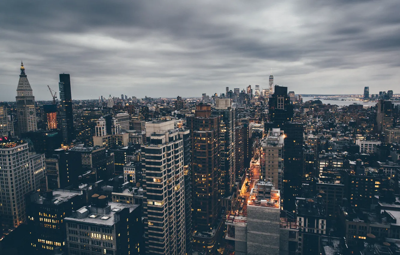 Photo wallpaper clouds, street, New York, panorama, twilight, Manhattan, United States, rainy