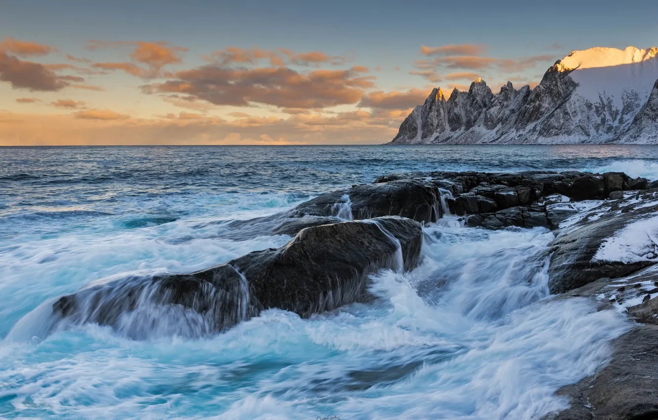 Photo wallpaper sea, mountains, stones, horizon, Norway, Norway, Ersfjord, The Norwegian sea
