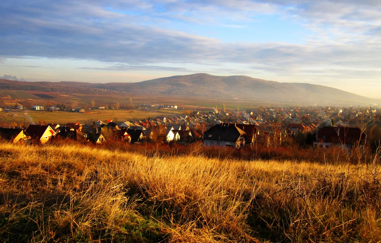 Photo wallpaper landscape, hill, scenery, village