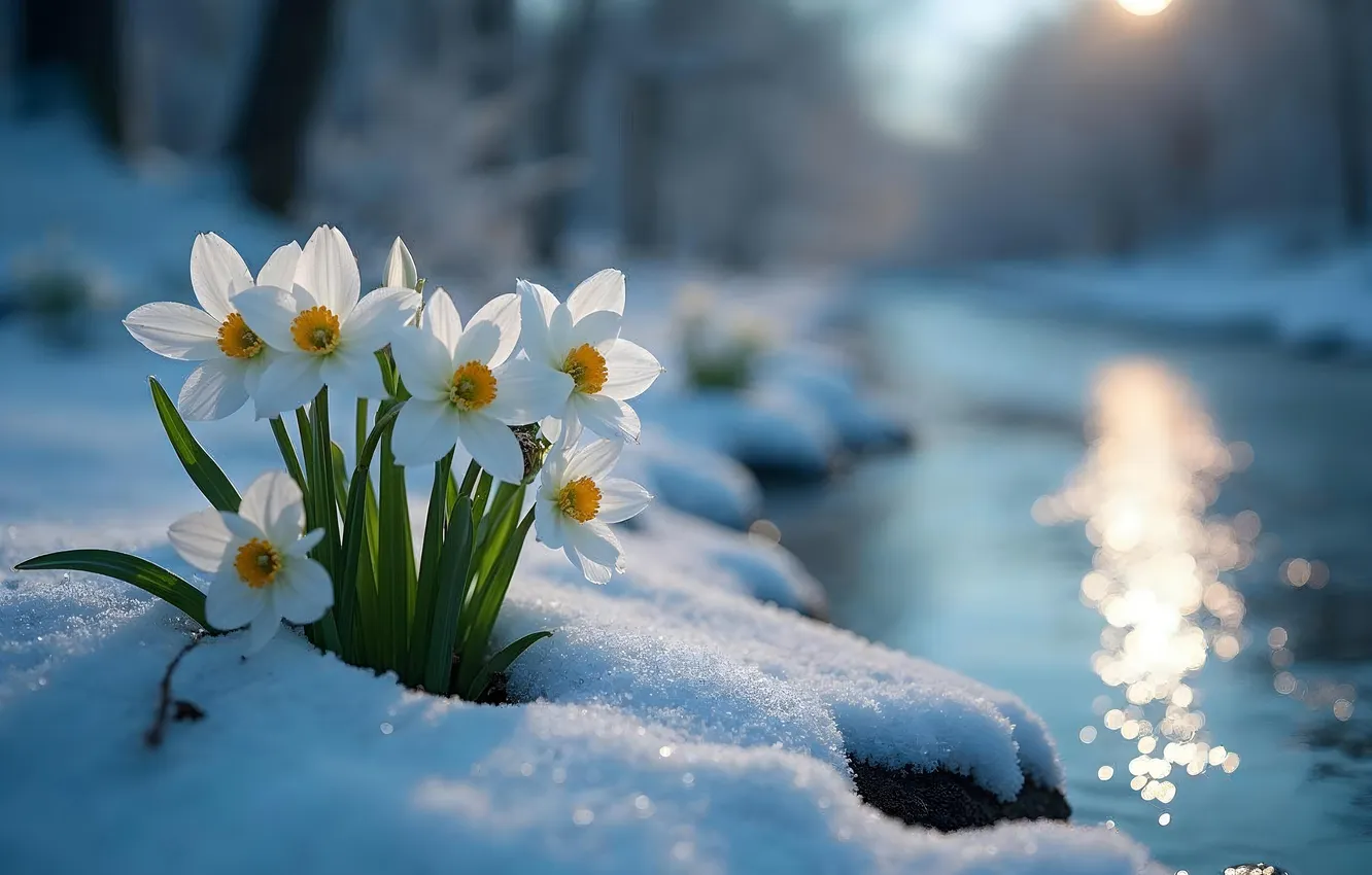 Photo wallpaper winter, snow, flowers, spring, flowers, winter, snow, daffodils