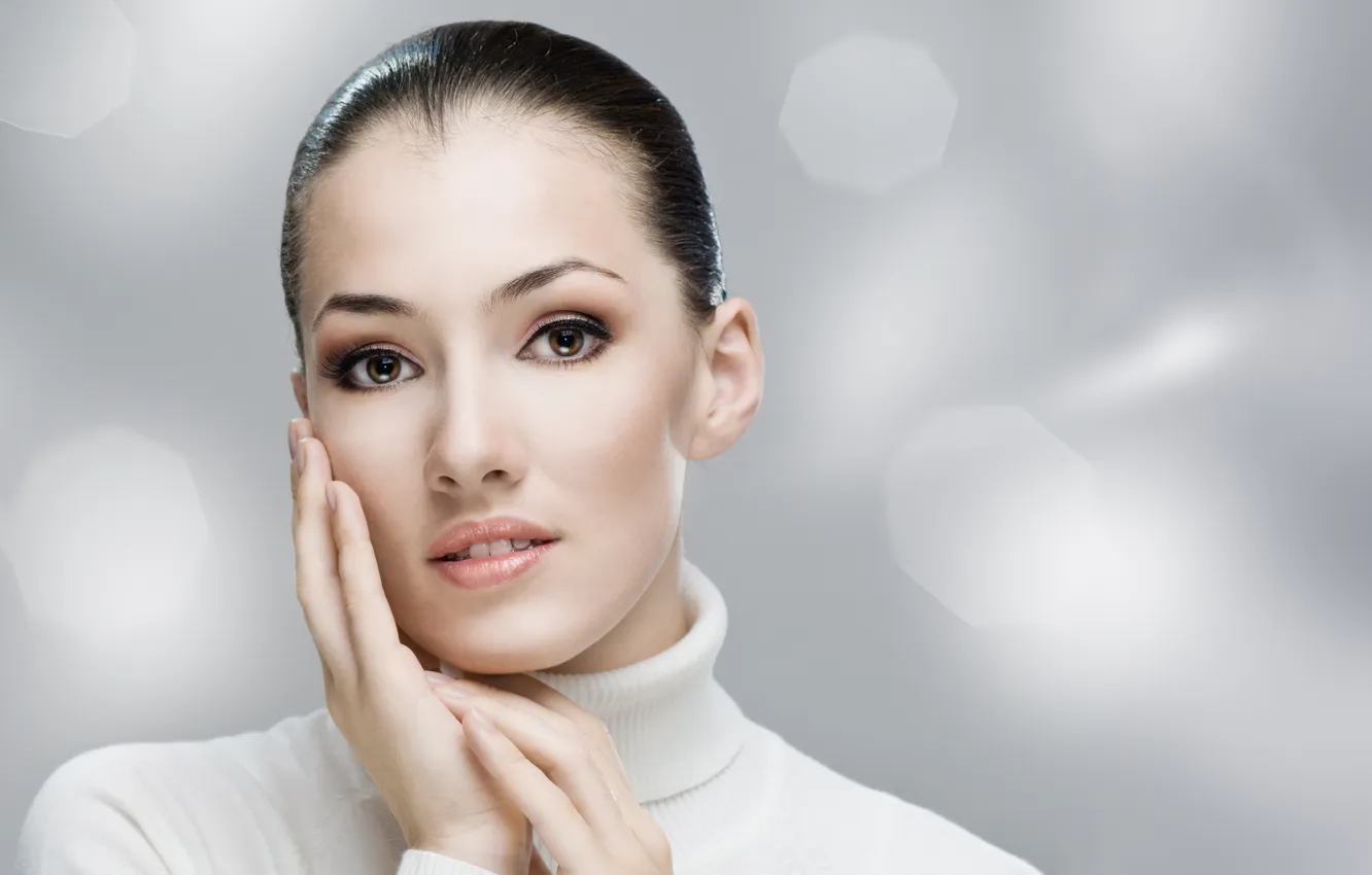 Photo wallpaper look, girl, collar, brown hair, jacket, bokeh, charm, brown-eyed