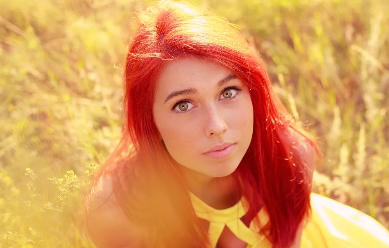 Photo wallpaper field, look, girl, yellow, dress, looks, red hair