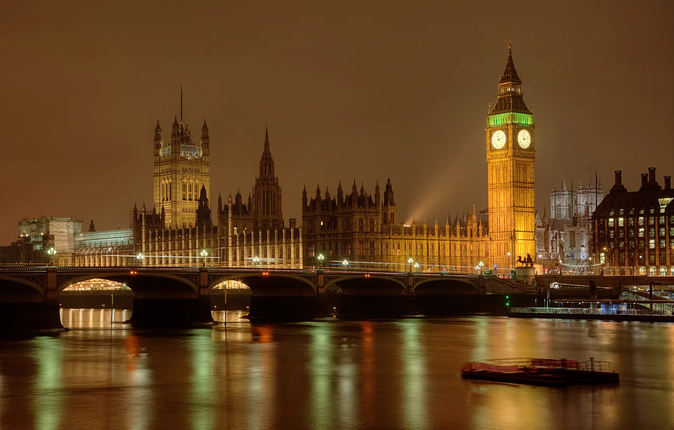 Photo wallpaper night, bridge, lights, river, England, London, tower, Thames