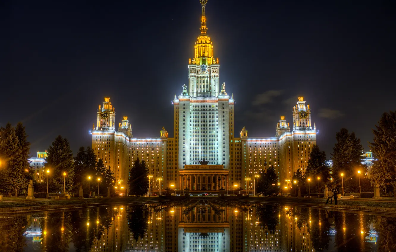 Photo wallpaper night, lights, reflection, the building, lights, Moscow, University, water