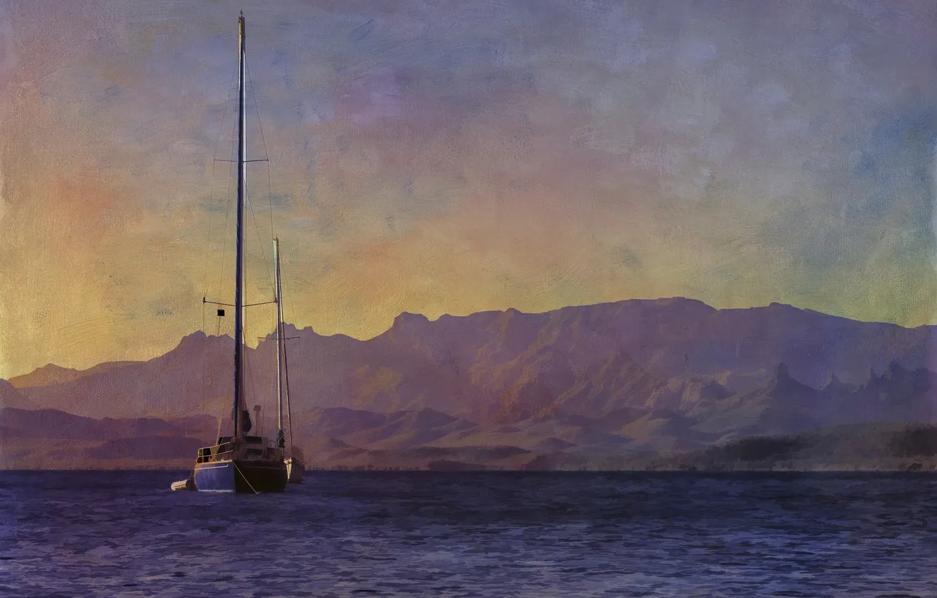 Photo wallpaper sea, the sky, mountains, yacht, canvas
