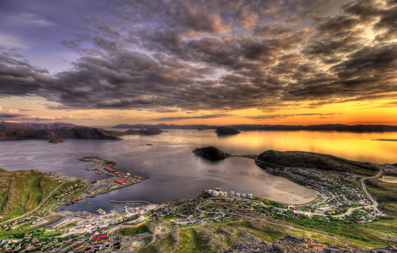 Photo wallpaper sea, the sky, clouds, the city, horizon, Norway, top, Rypefjord