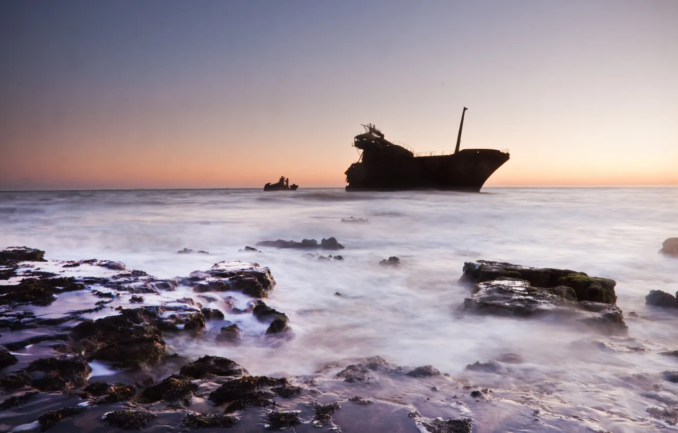 Photo wallpaper the sky, clouds, stones, rocks, coast, boat, ship, horizon