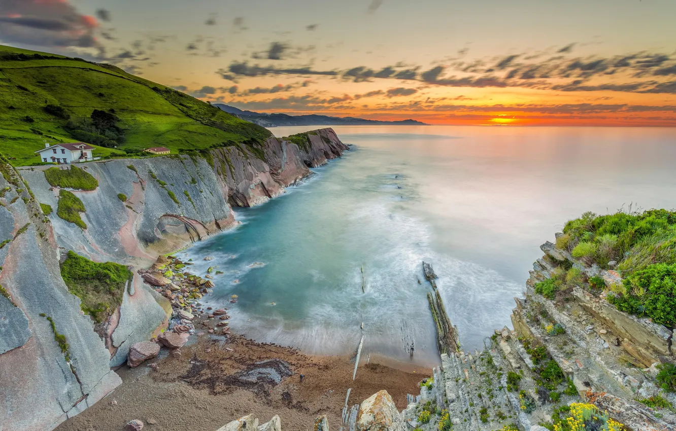 Photo wallpaper sea, rocks, dawn, coast, horizon