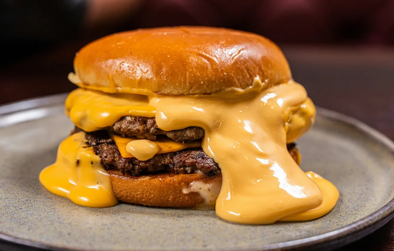 Photo wallpaper food, plates, cheese, meat, closeup, melted, Burgers, buns (food)