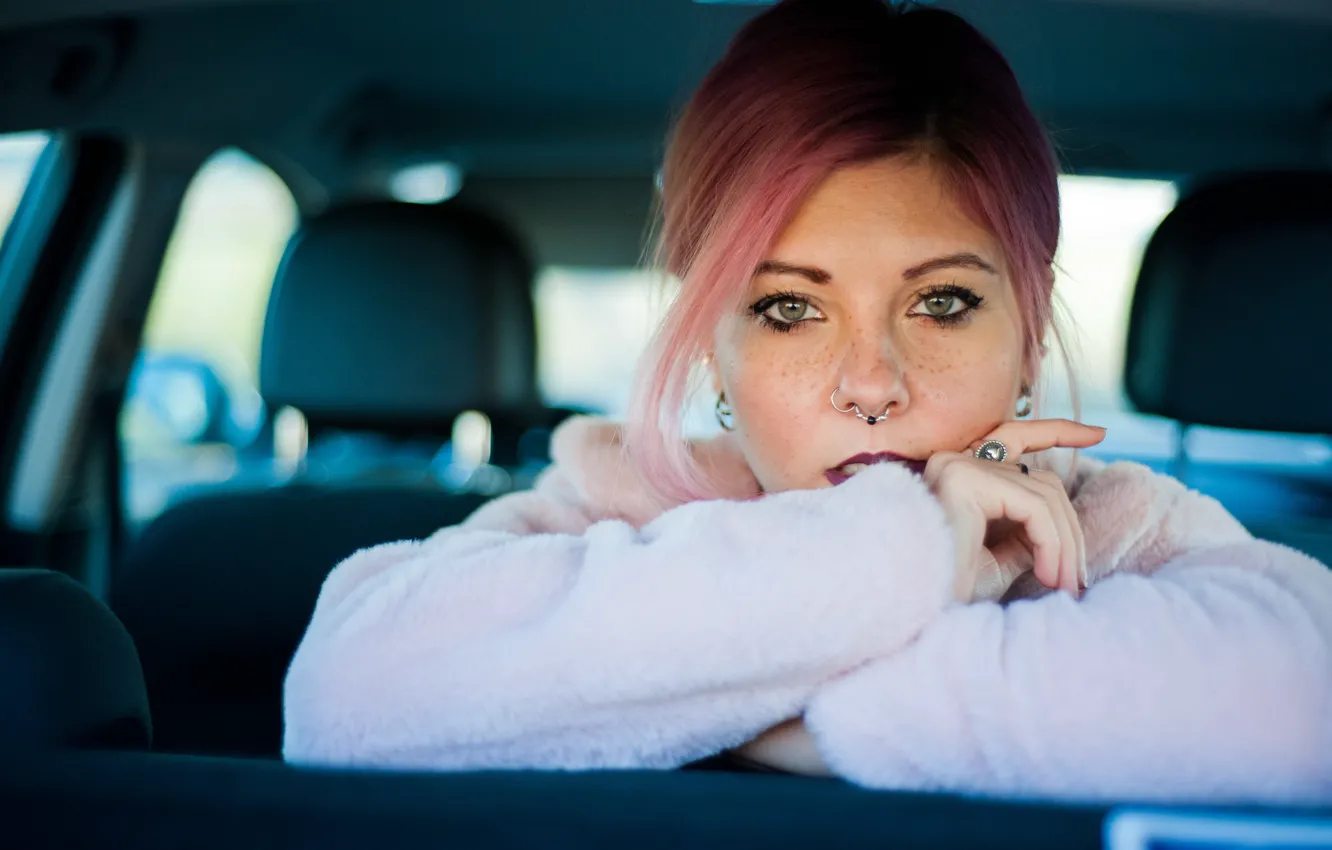 Photo wallpaper look, girl, face, piercing, freckles, pink hair