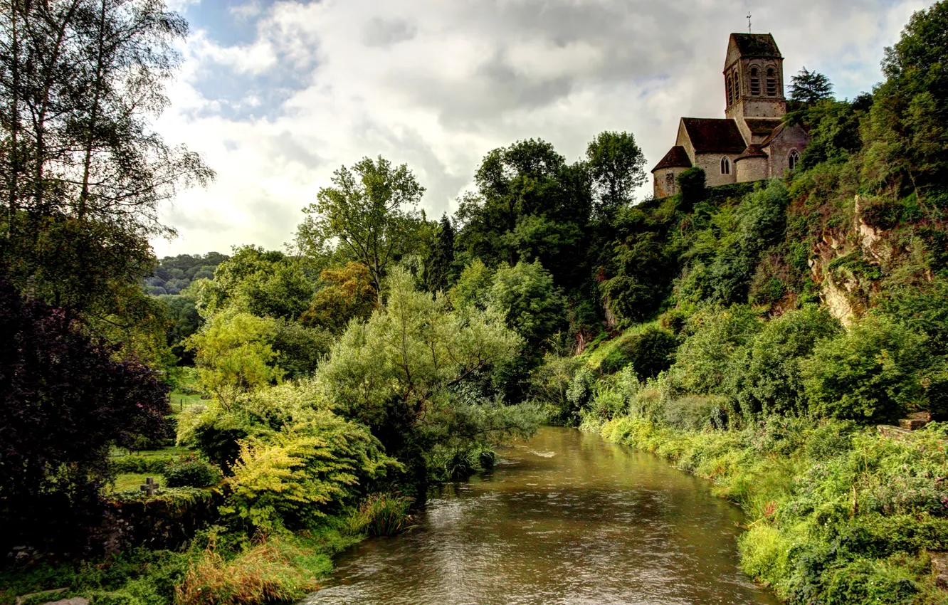 Photo wallpaper trees, stream, France, home, the bushes, Saint-Ceneri-le-Gerei