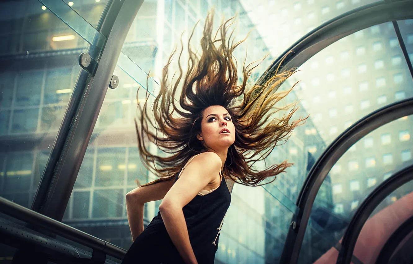 Photo wallpaper girl, glass, woman, model, street, tunnel, bokeh, hair