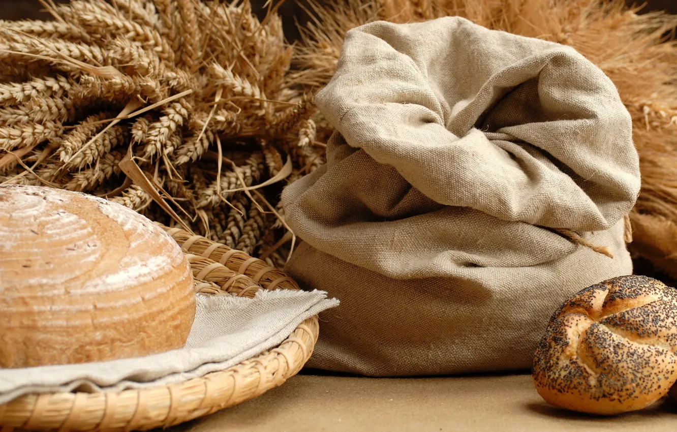 Photo wallpaper wheat, food, bread, ears, bag, dish, roll, bun