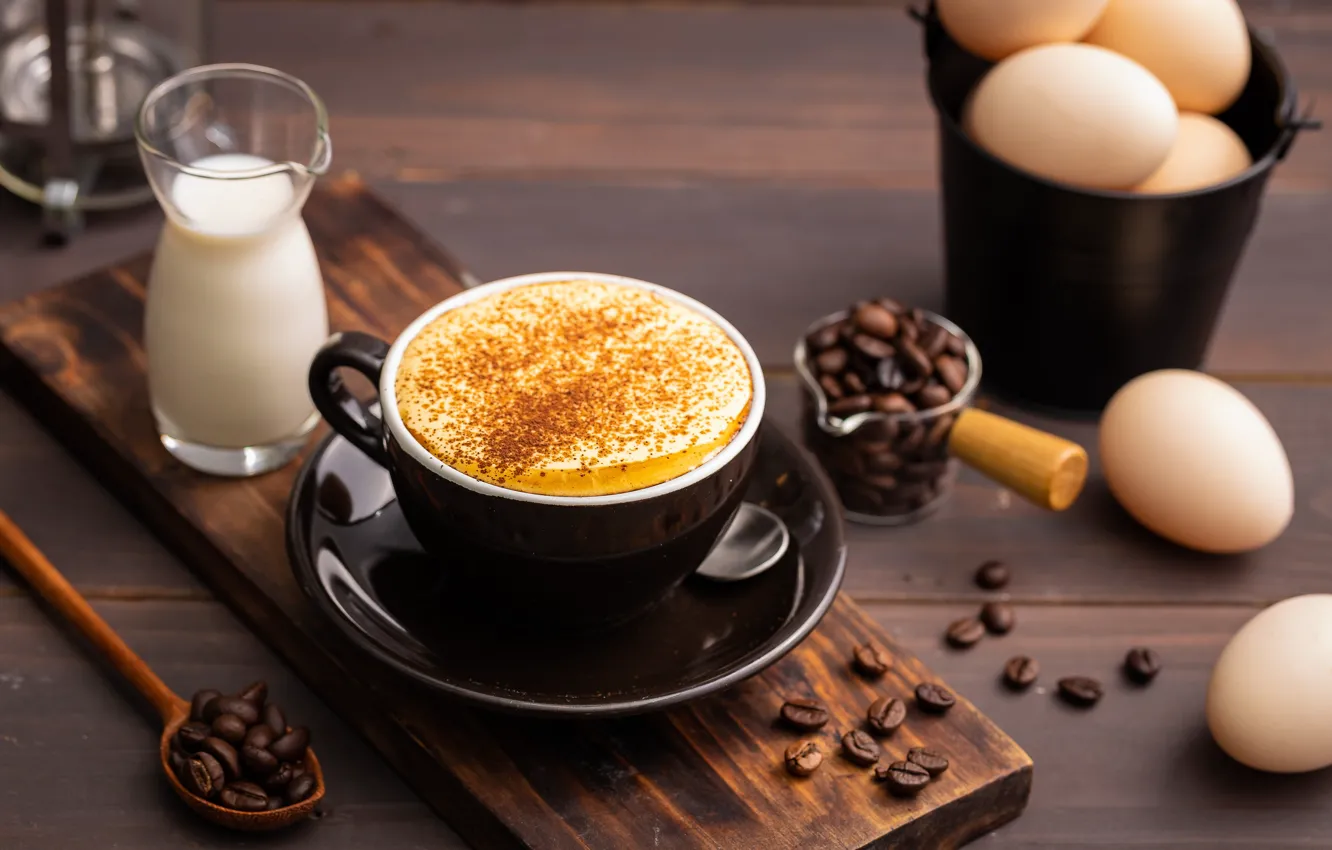 Photo wallpaper coffee, eggs, grain, milk, Cup, foam