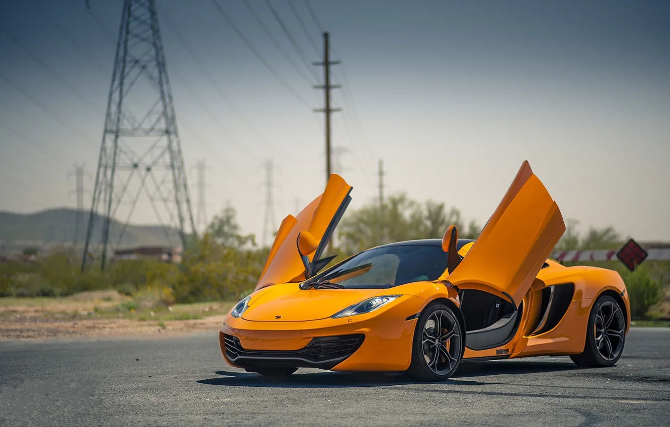 Photo wallpaper orange, McLaren, orange, high-voltage support, Mp4-12C, McLaren