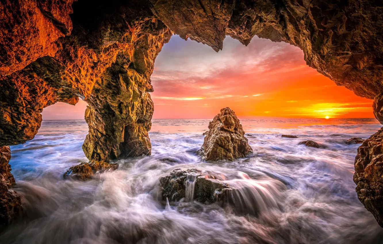 Photo wallpaper sea, sunset, rocks