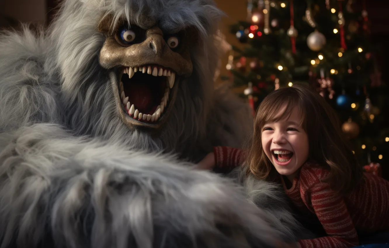 Photo wallpaper joy, smile, toy, tree, new year, monster, Christmas, girl