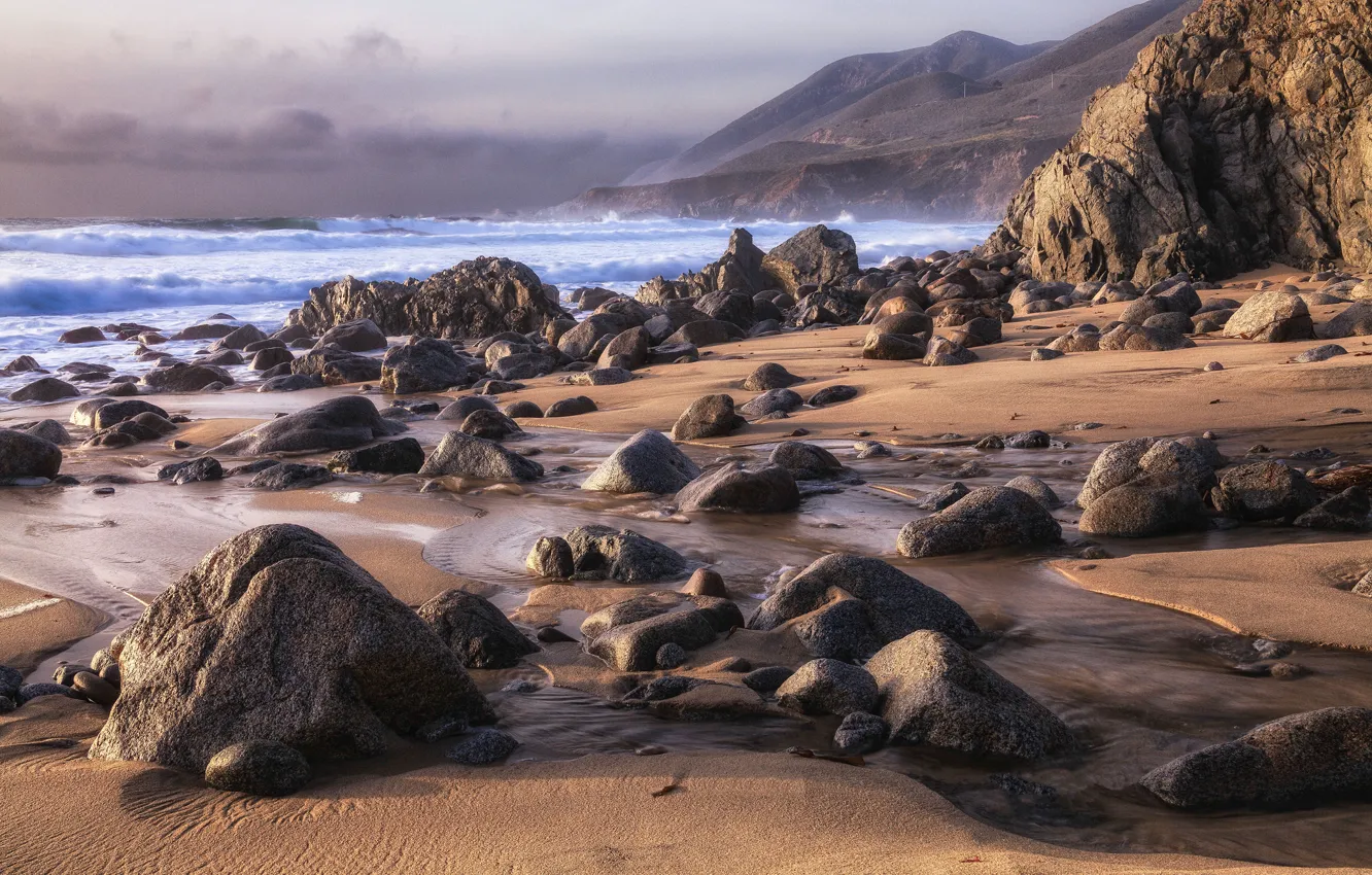 Photo wallpaper sand, sea, wave, beach, the sky, stones, rocks, shore