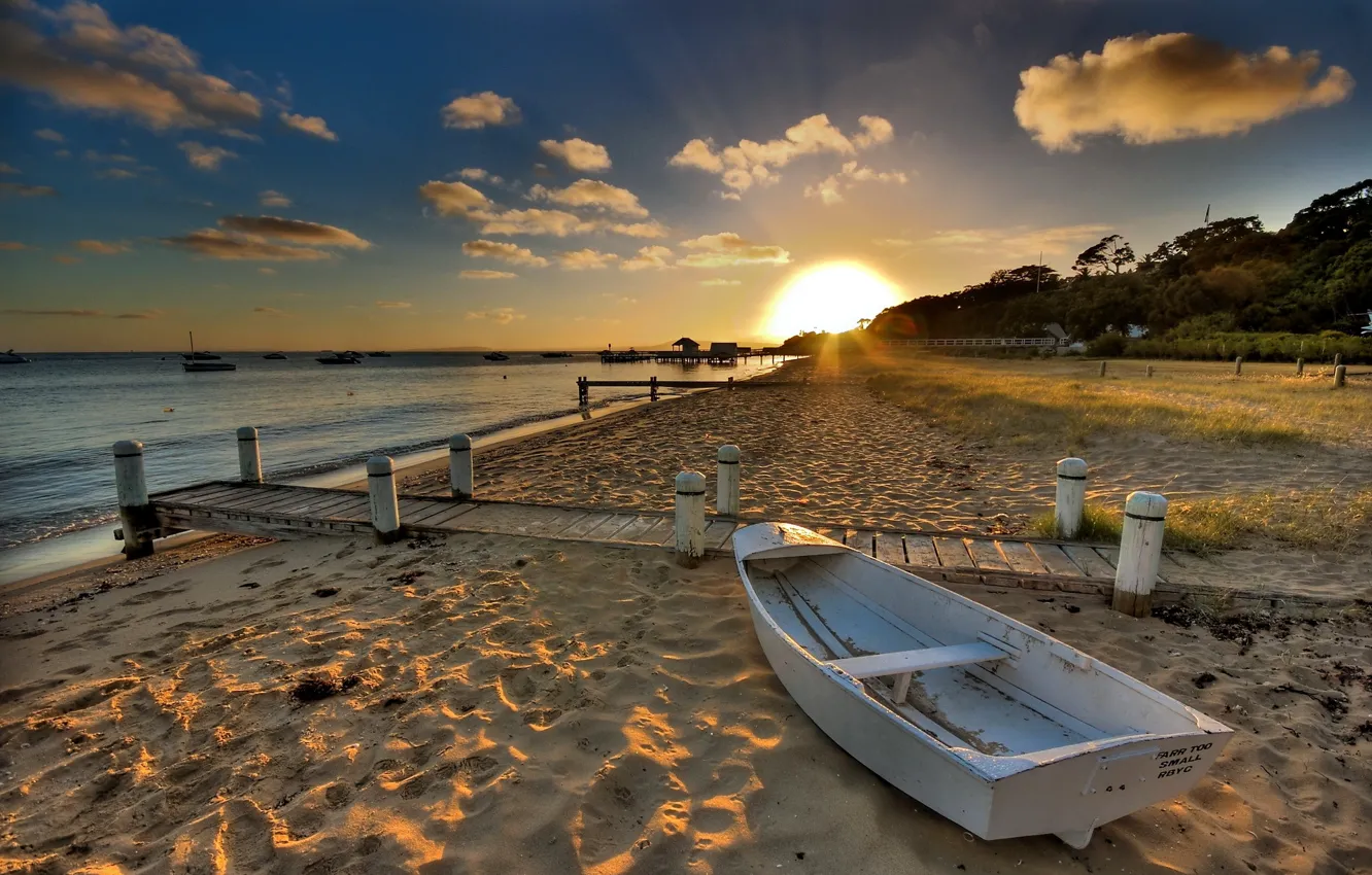 Photo wallpaper the sun, sunset, nature, photo, dawn, coast, boat