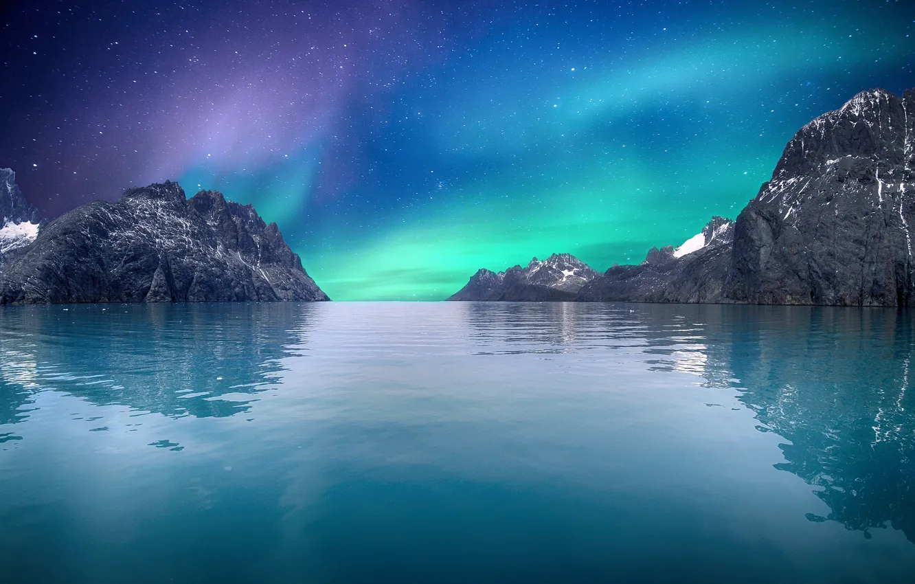 Photo wallpaper mountains, night, rendering, shore, Northern lights, pond