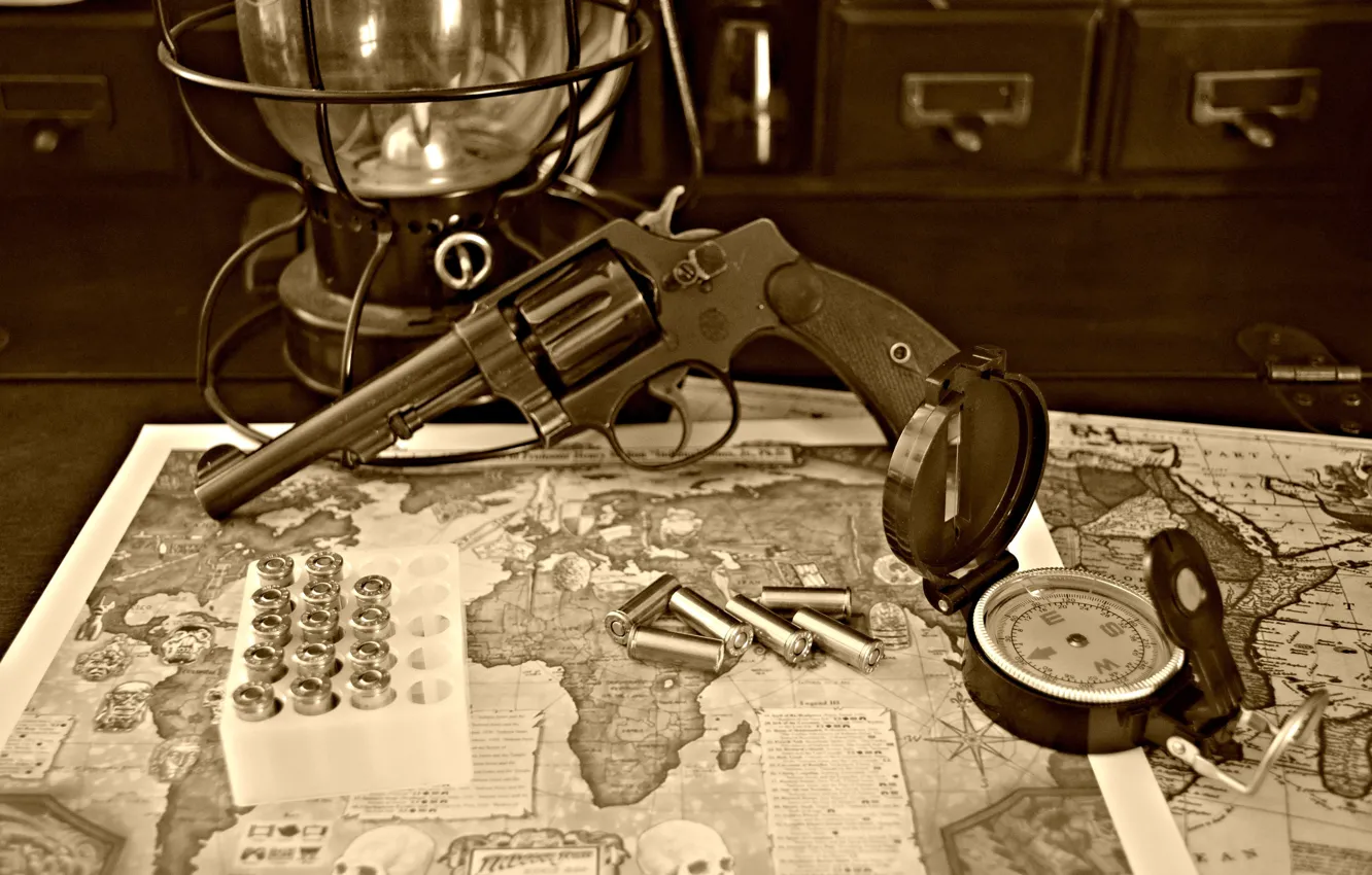 Photo wallpaper map, trunk, bullets, revolver, compass