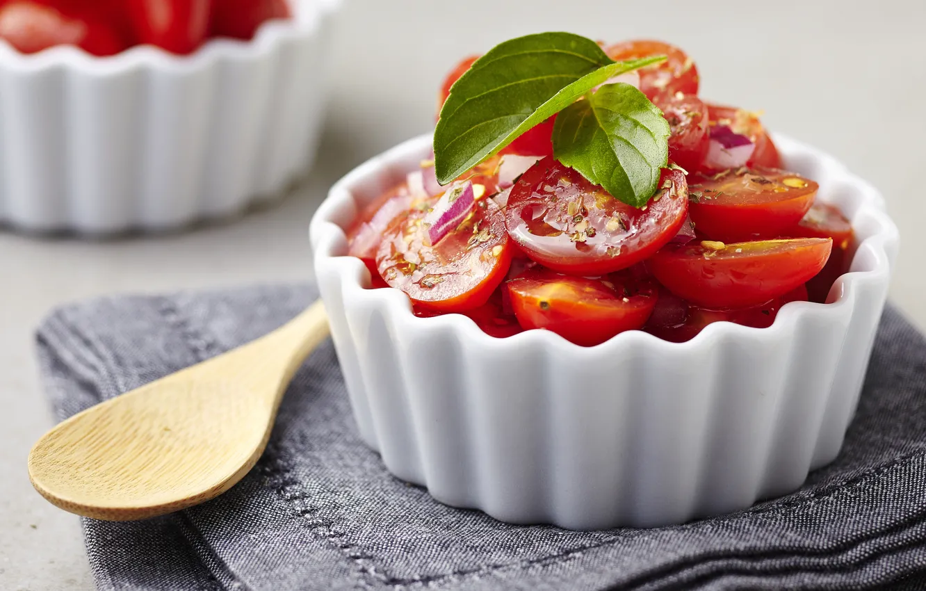 Photo wallpaper spoon, tomatoes, napkin, salad, tomato salad