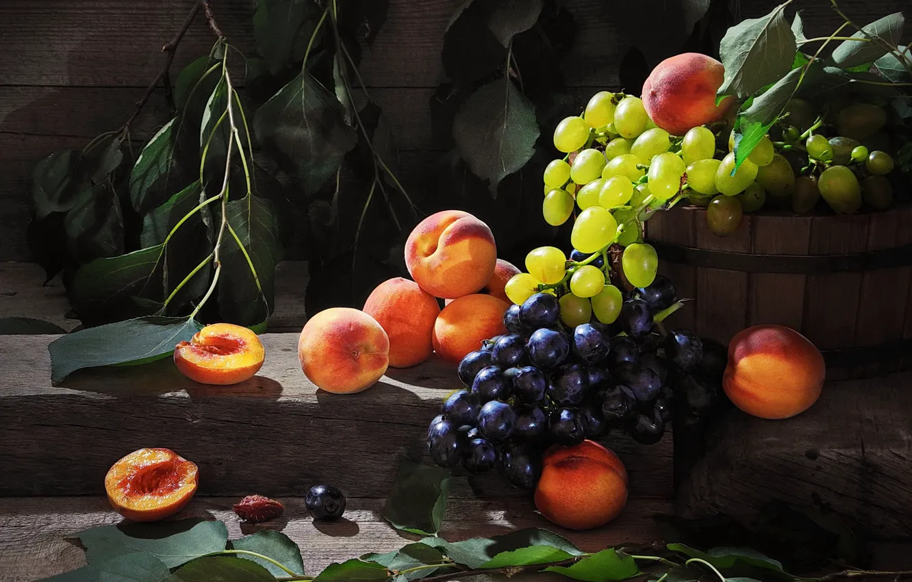 Photo wallpaper leaves, branches, berries, Board, grapes, fruit, peaches, Sergey Pounder