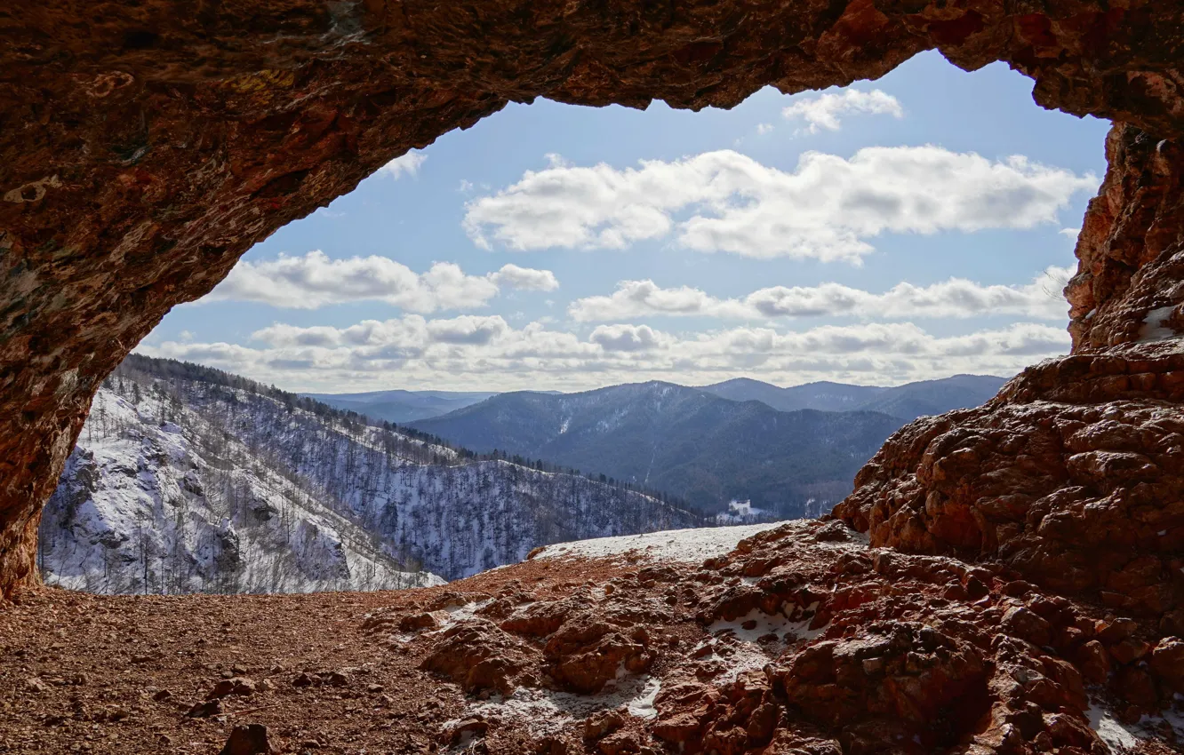 Photo wallpaper winter, forest, rocks, arch