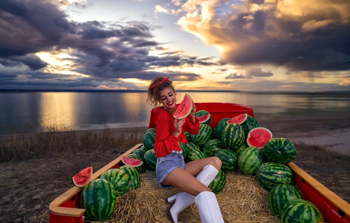Photo wallpaper auto, girl, pose, smile, river, mood, shorts, boots