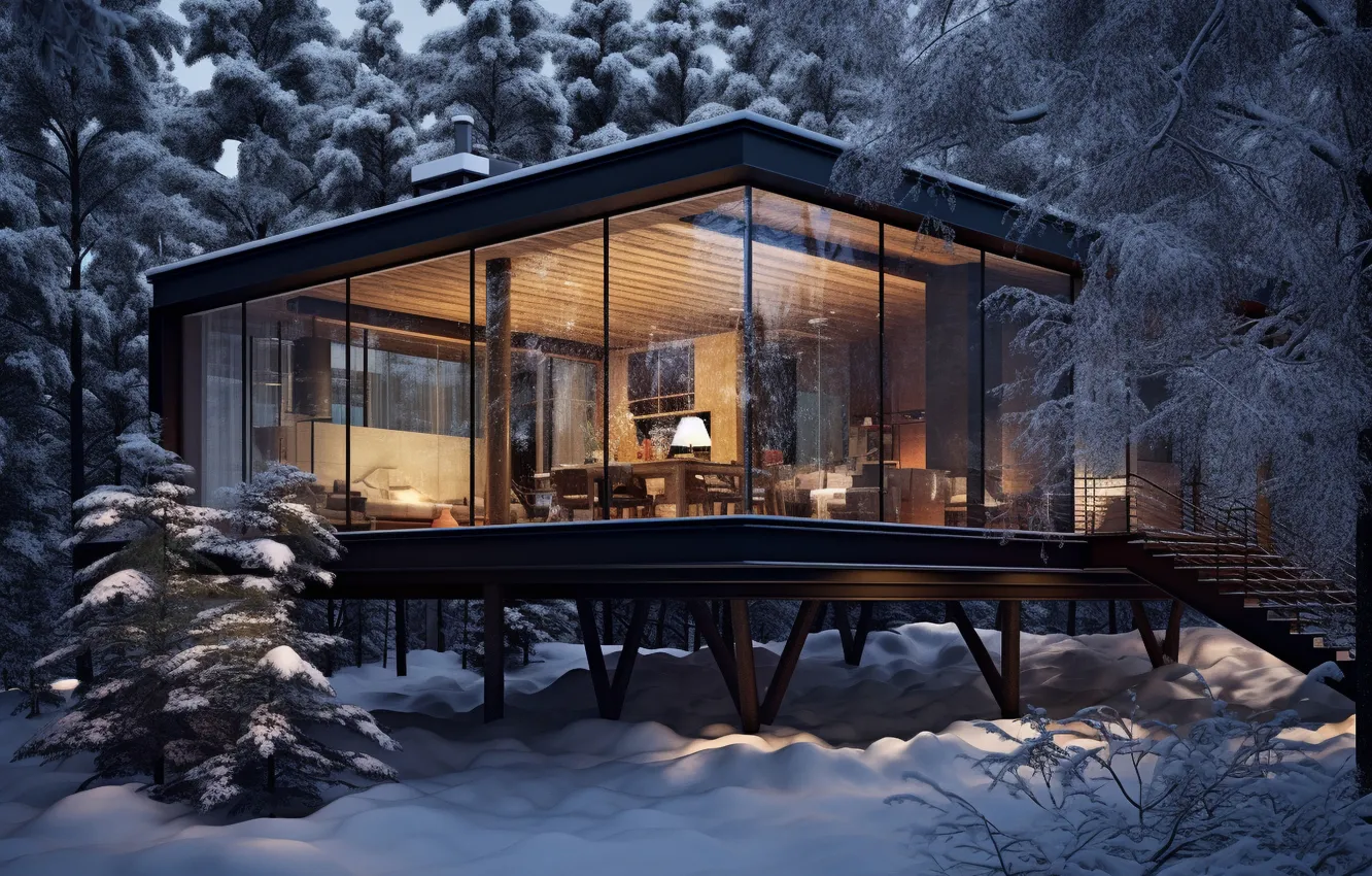 Photo wallpaper winter, forest, glass, snow, night, house, house, forest