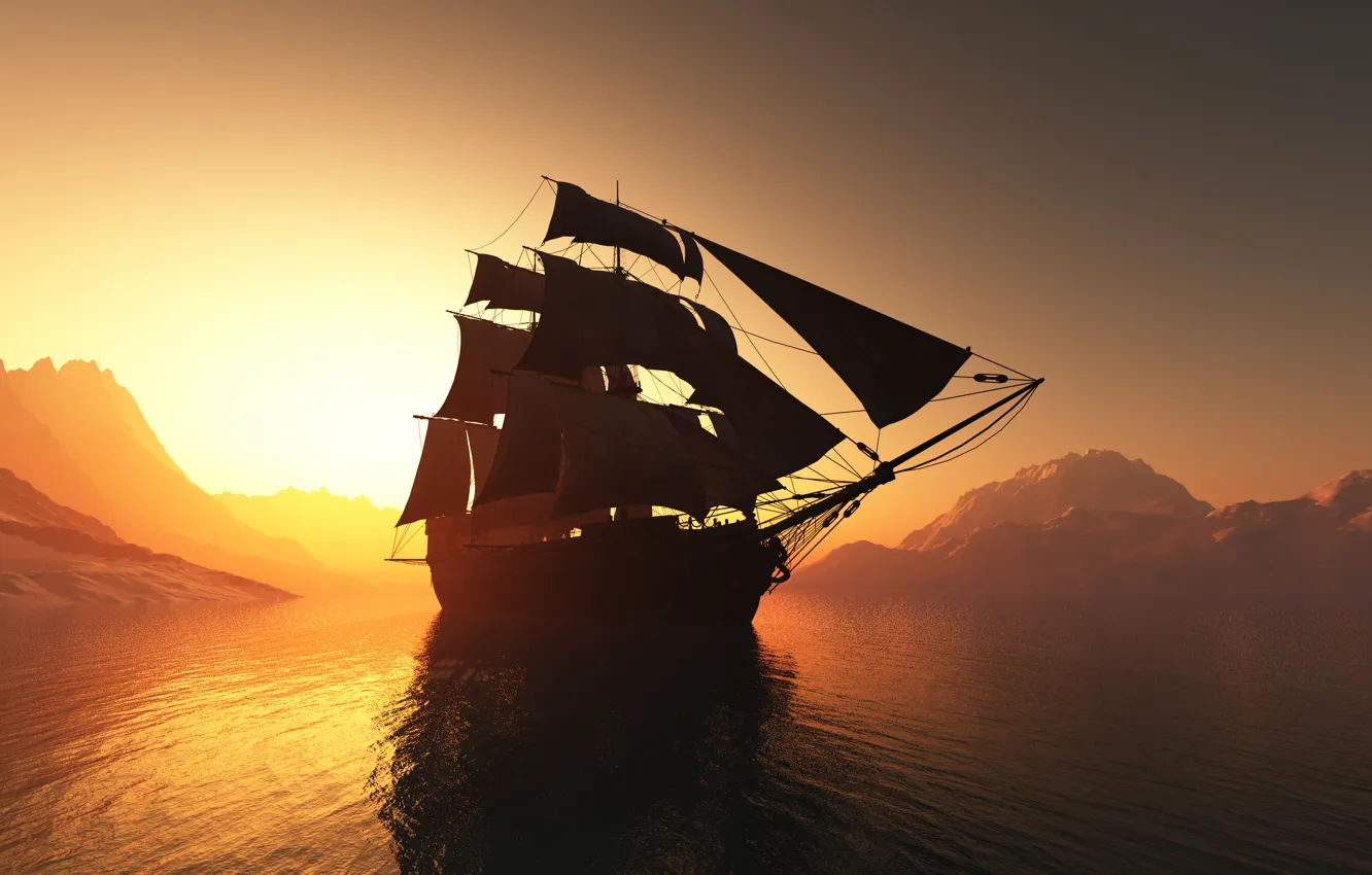 Photo wallpaper landscape, sunset, rendering, the ocean, graphics, ship, sails, mast
