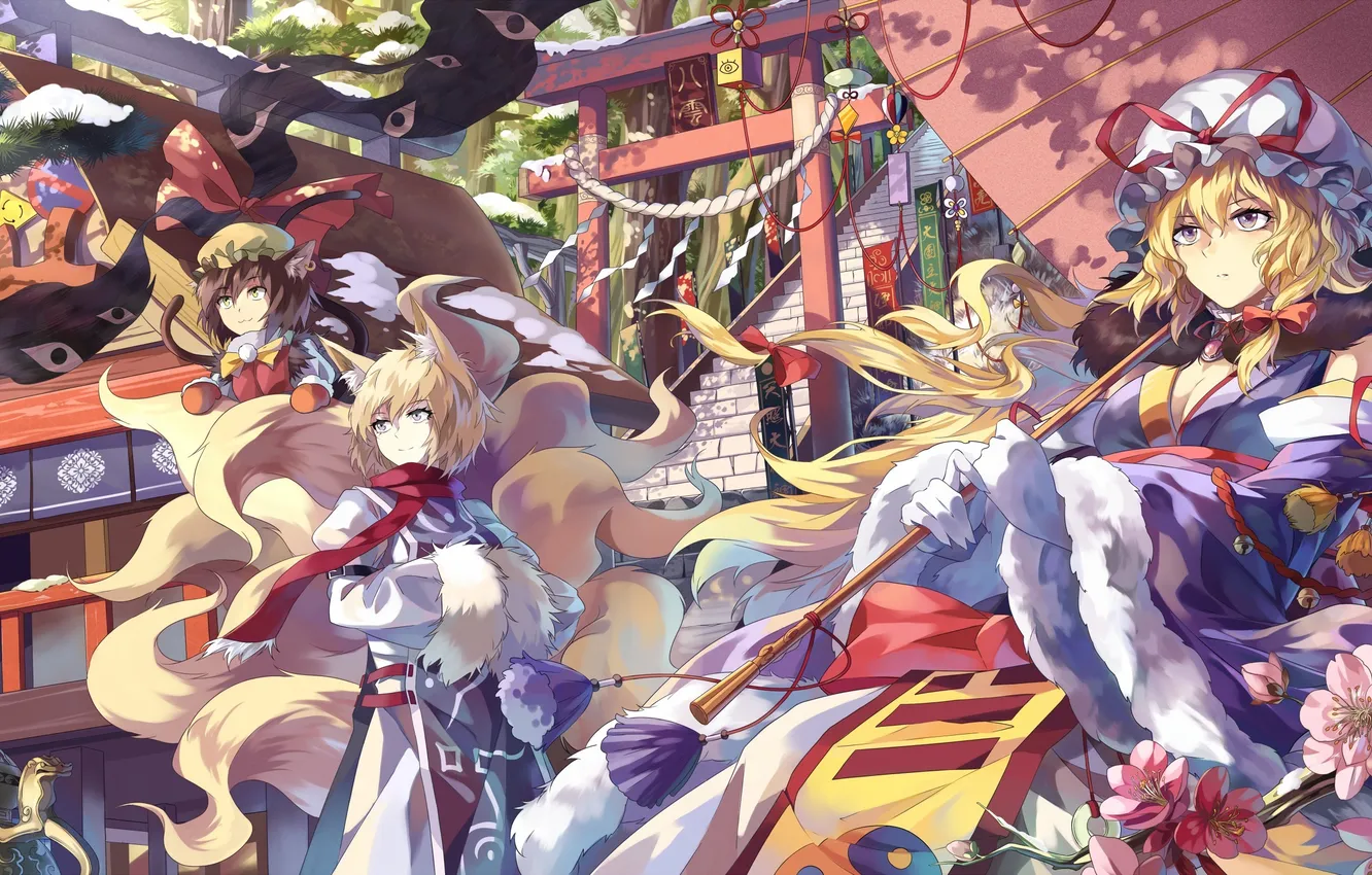 Photo wallpaper girl, snow, smile, building, surprise, umbrella, ladder, tail