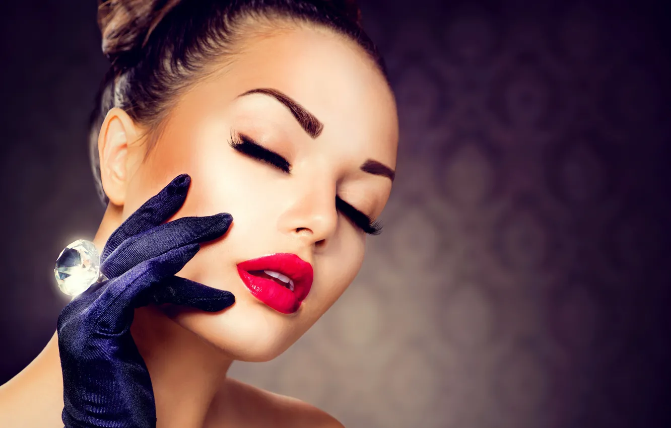 Photo wallpaper face, eyelashes, hair, hand, lipstick, ring, gloves, red