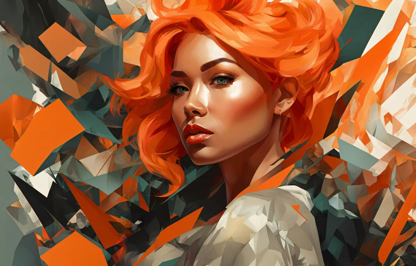 Photo wallpaper look, girl, hair, red, digital art, AI art, The Art of Artificial Intelligence, neural network